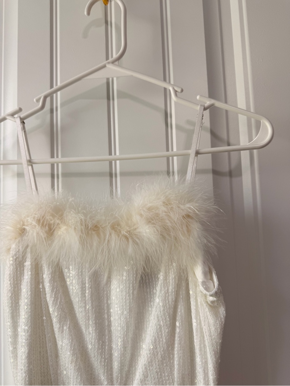 White Sequins Jumpsuit with Faux-Fur Trim - Picture 4 of 10
